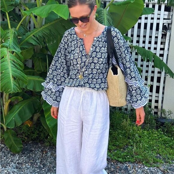 Madison Mathews OLIVE Shirt Palm fronds hand block small - Picture 1 of 10